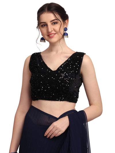 Poly Georgette Solid Navy Blue Saree