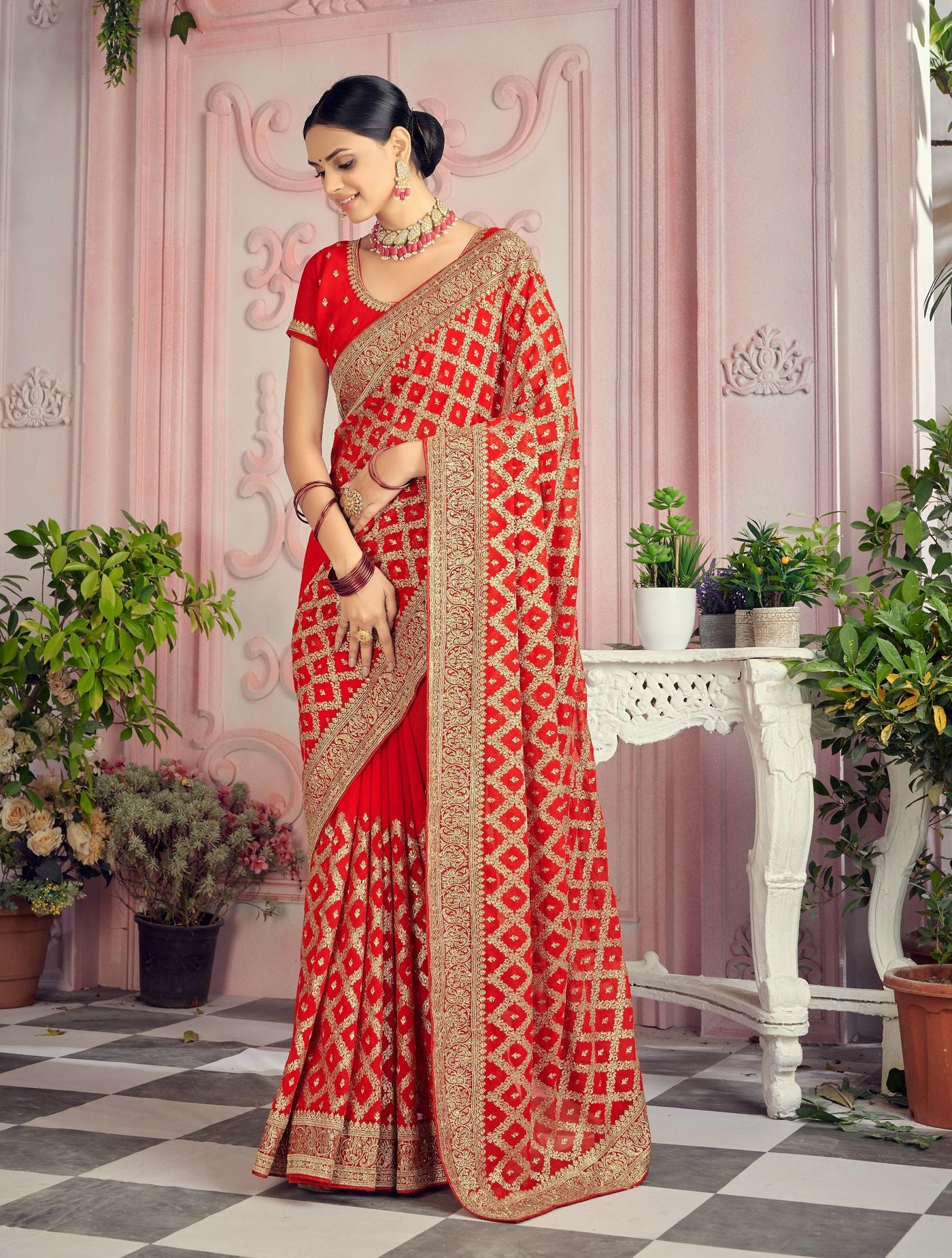 Red Gorgette Embroidered Saree