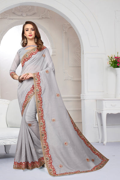 Grey Art Silk Embroidered Saree With Blouse