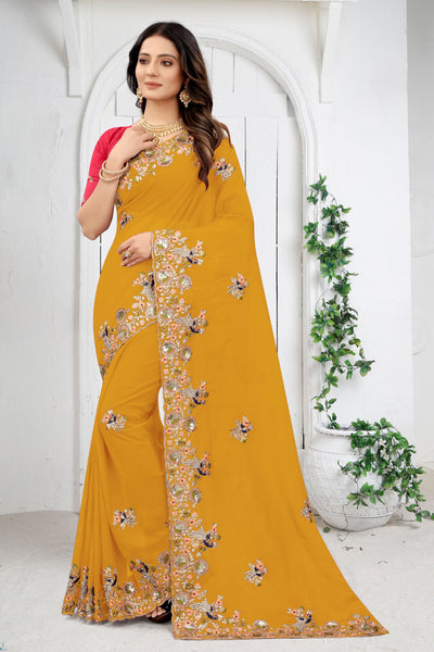 Mustard Organza Embroidered Saree With Blouse