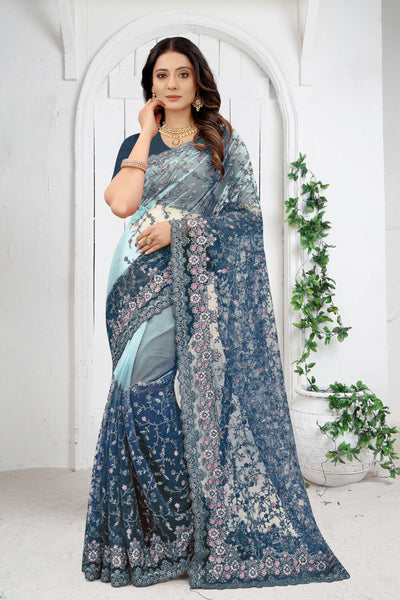 Blue Net Embroidered Saree With Blouse