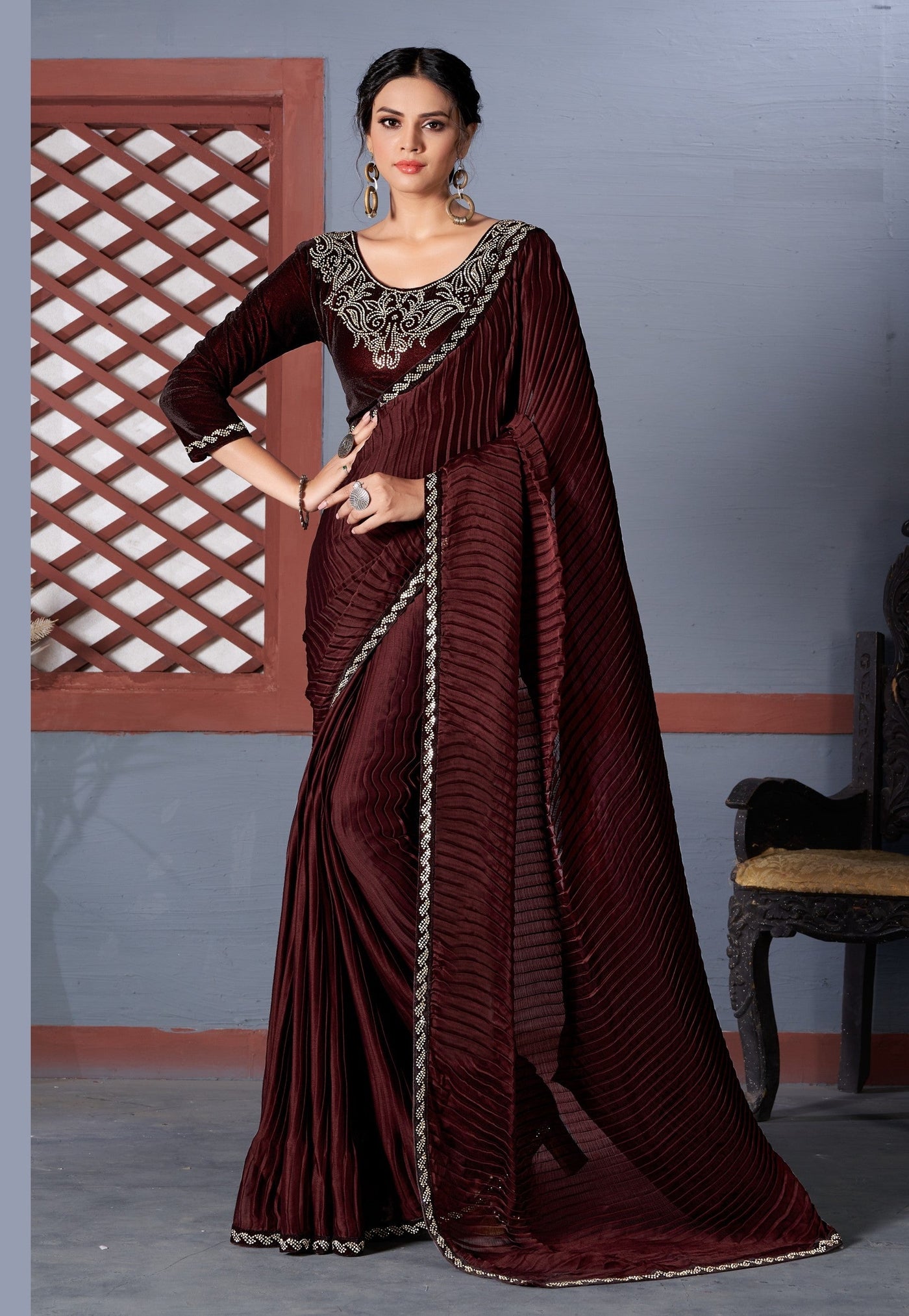 Brown Georgette Stone Work Saree With Blouse