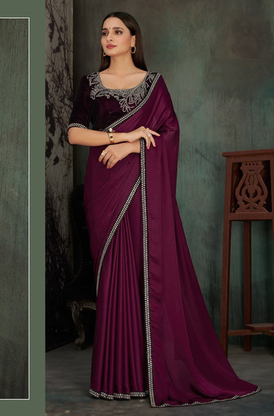 Wine Color Georgette Stone Work Saree With Blouse