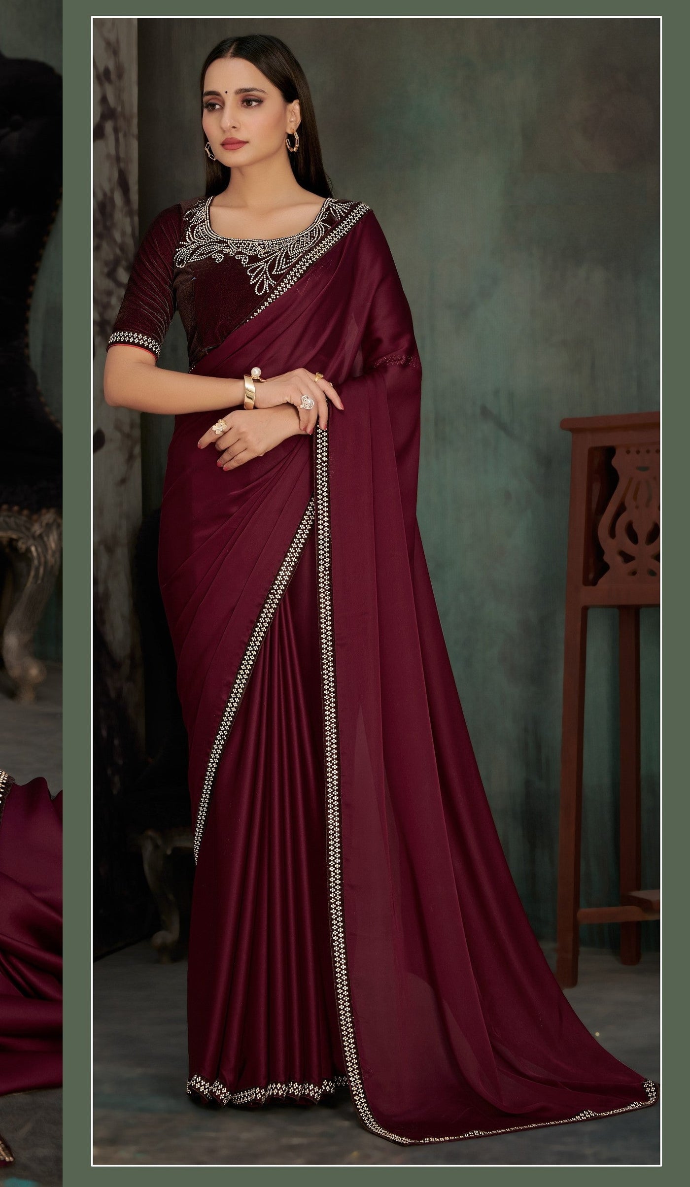 Maroon Georgette Stone Work Saree With Blouse