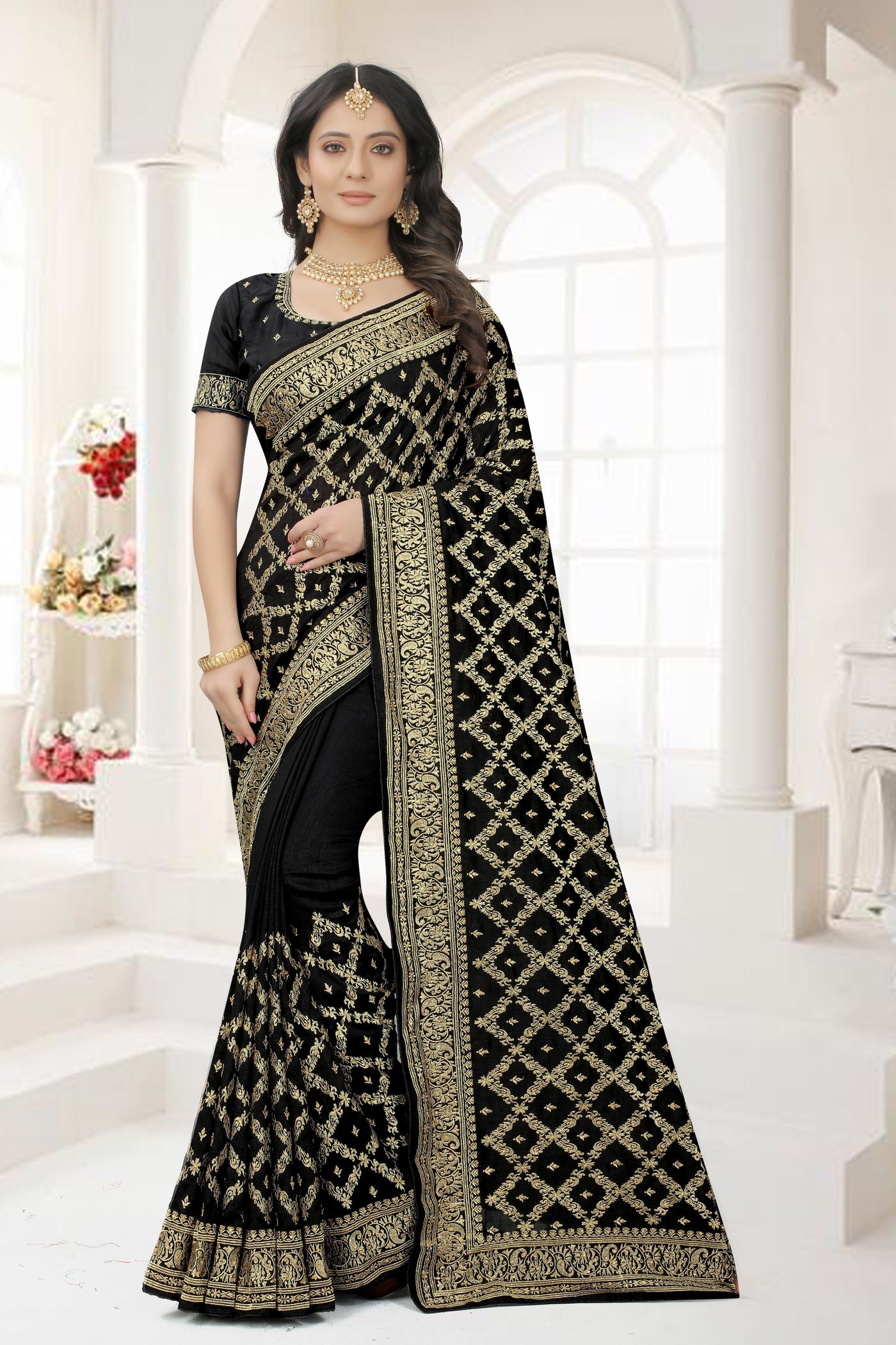 Black Vichitra Silk Embroidered Saree With Blouse