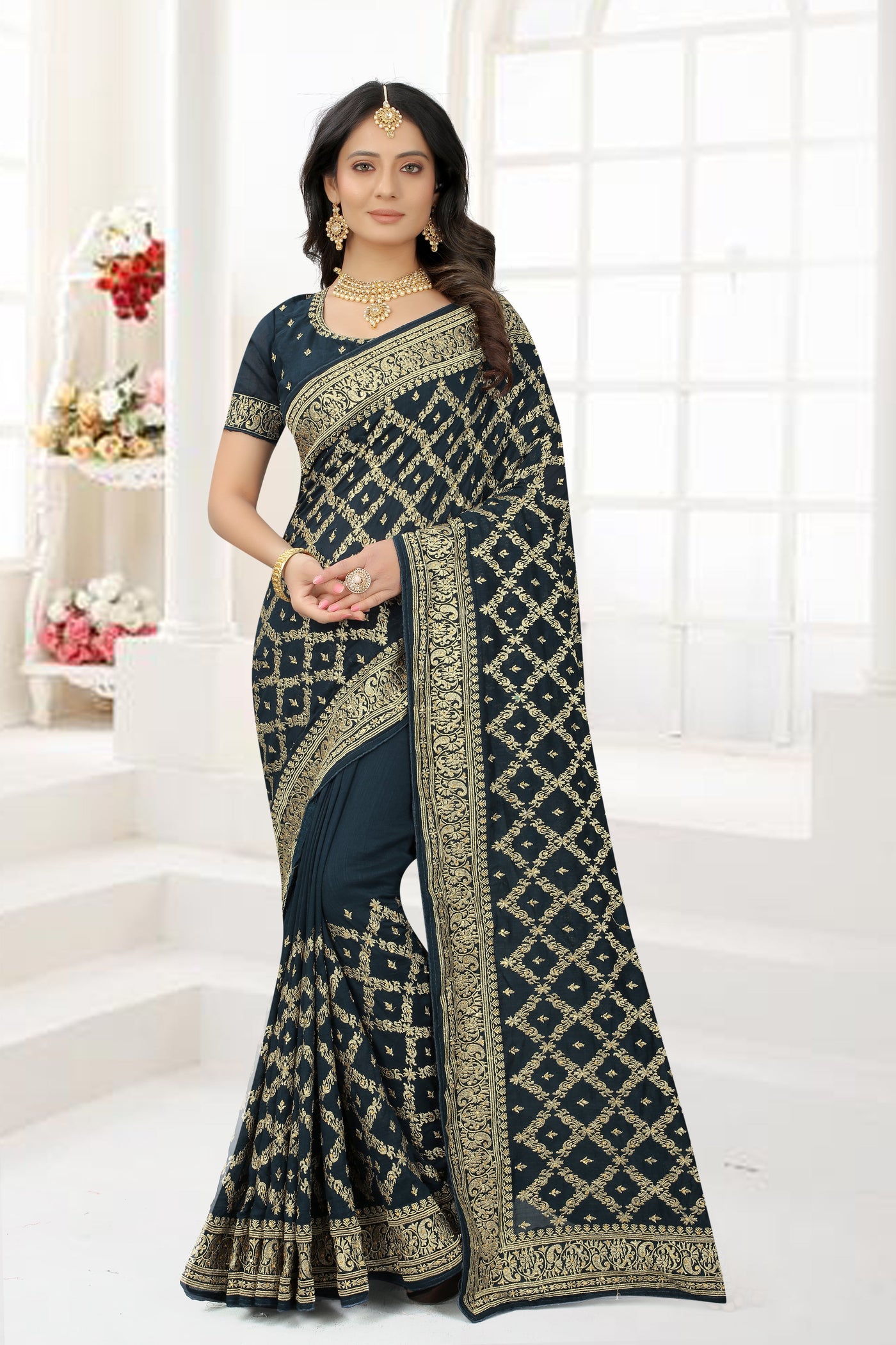 Blue Vichitra Silk Embroidered Saree With Blouse