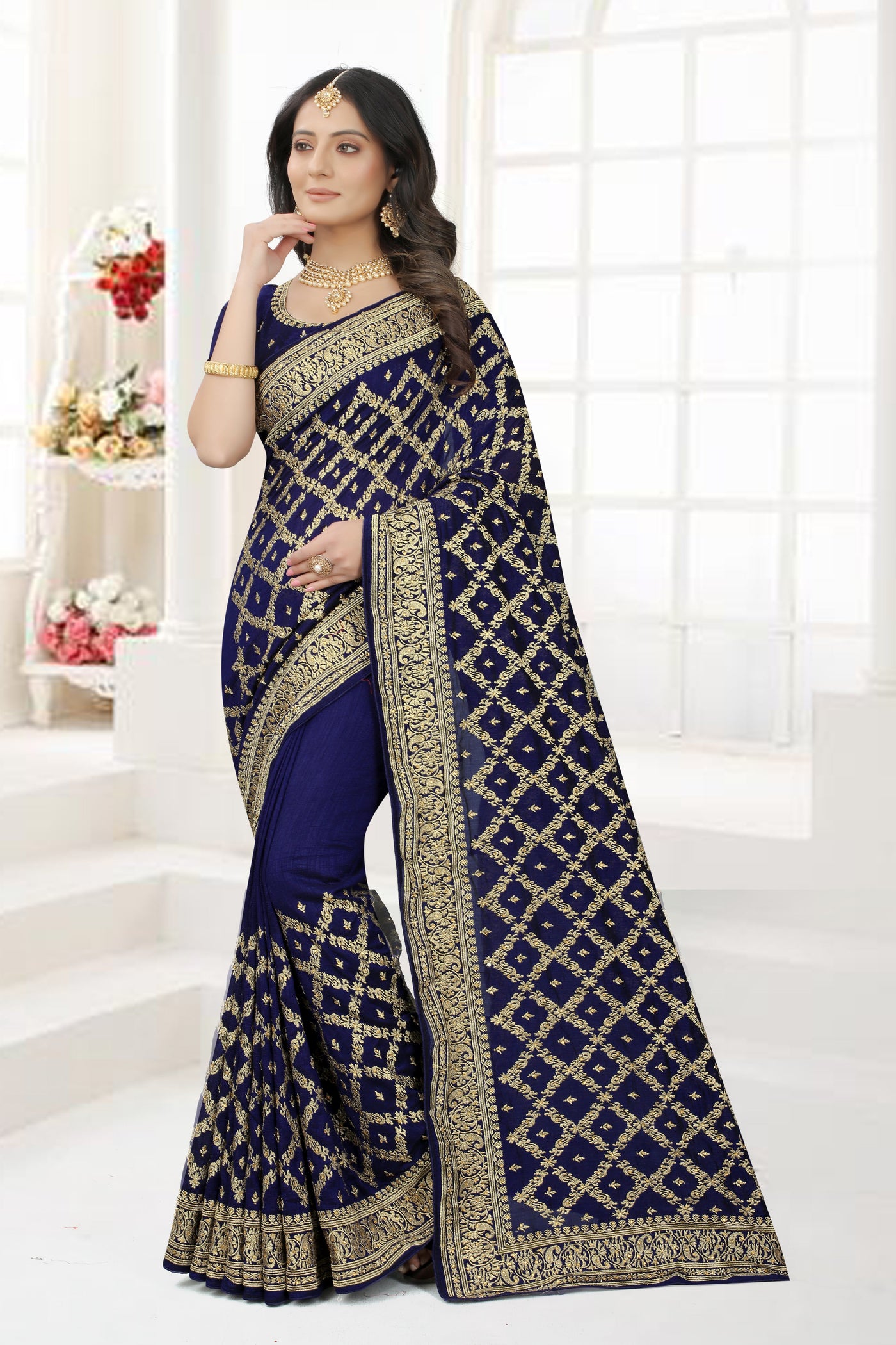 Navy Blue Vichitra Silk Embroidered Saree With Blouse