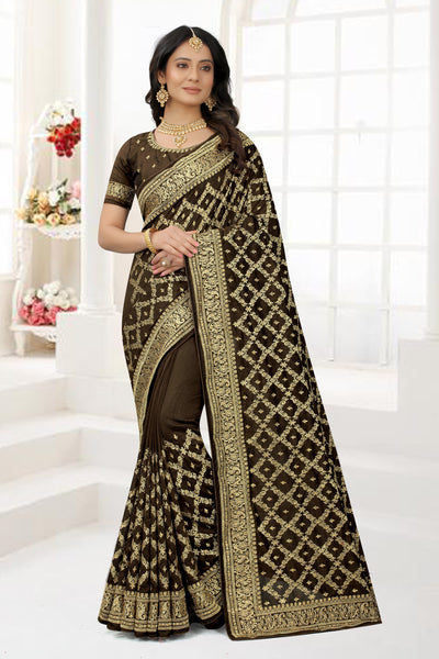 Olive Green Vichitra Silk Embroidered Saree With Blouse