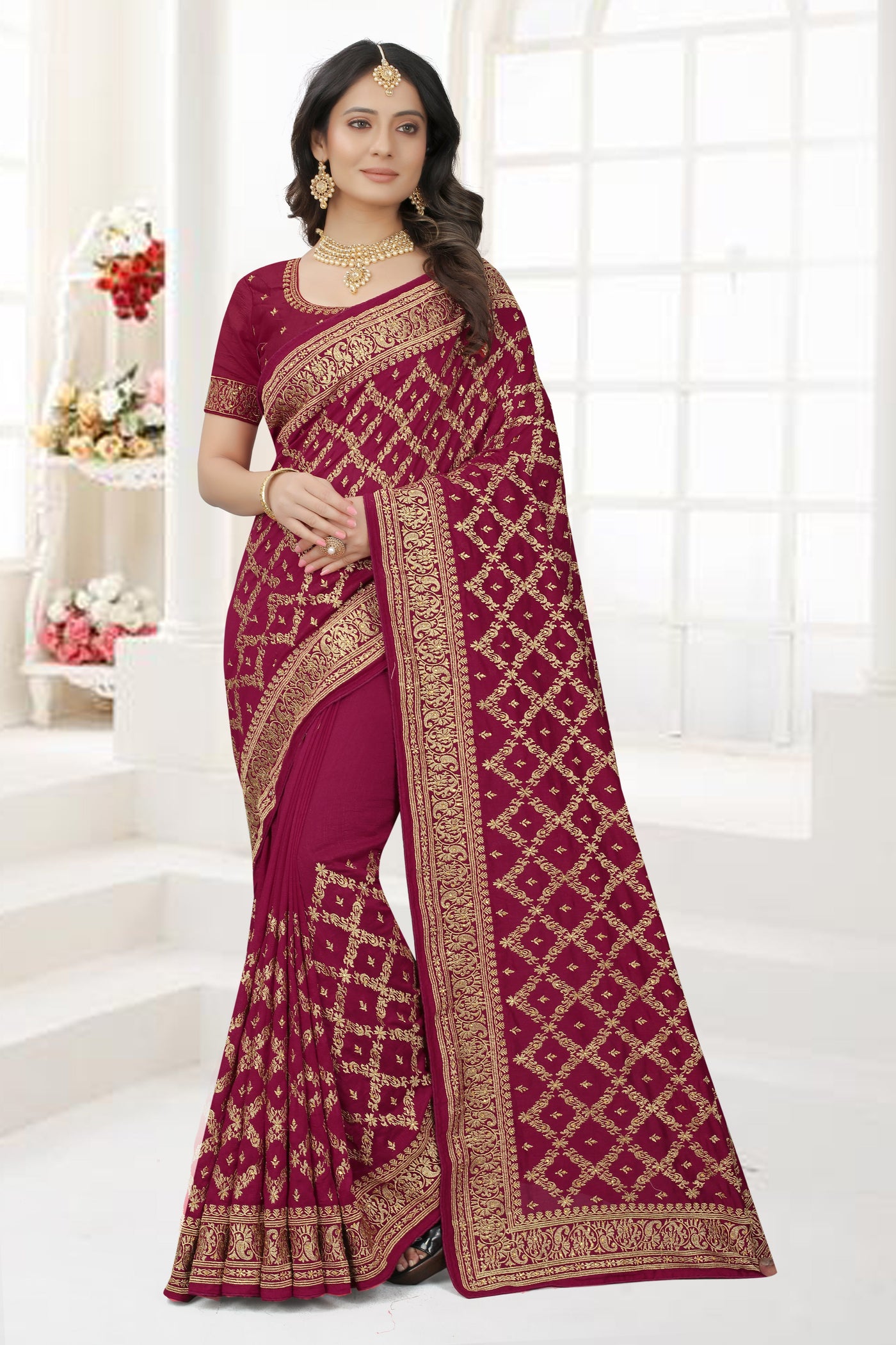 Maroon Vichitra Silk Embroidered Saree With Blouse