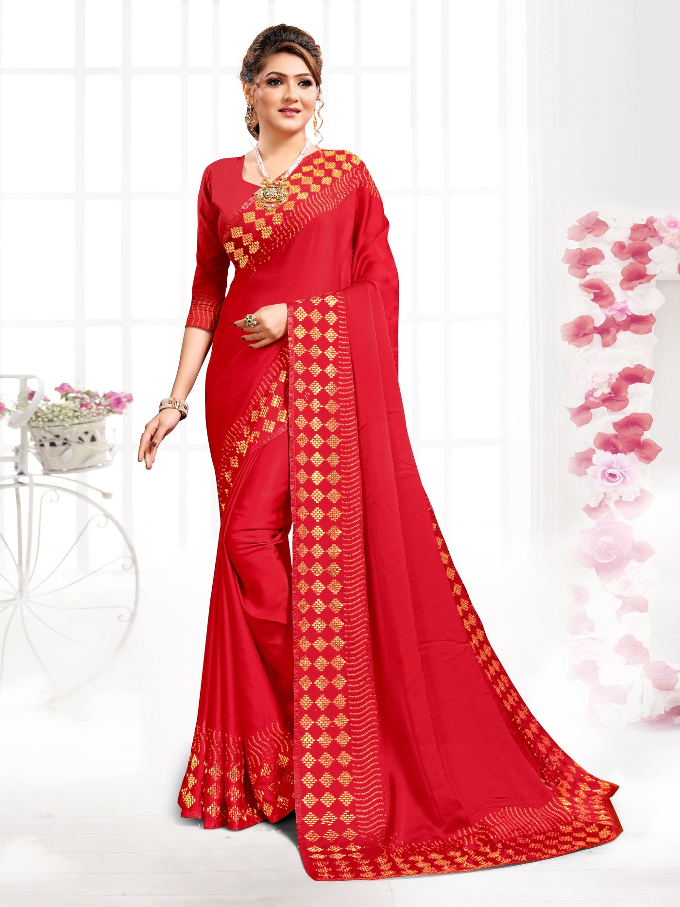 Red Satin Stone Work Saree With Blouse