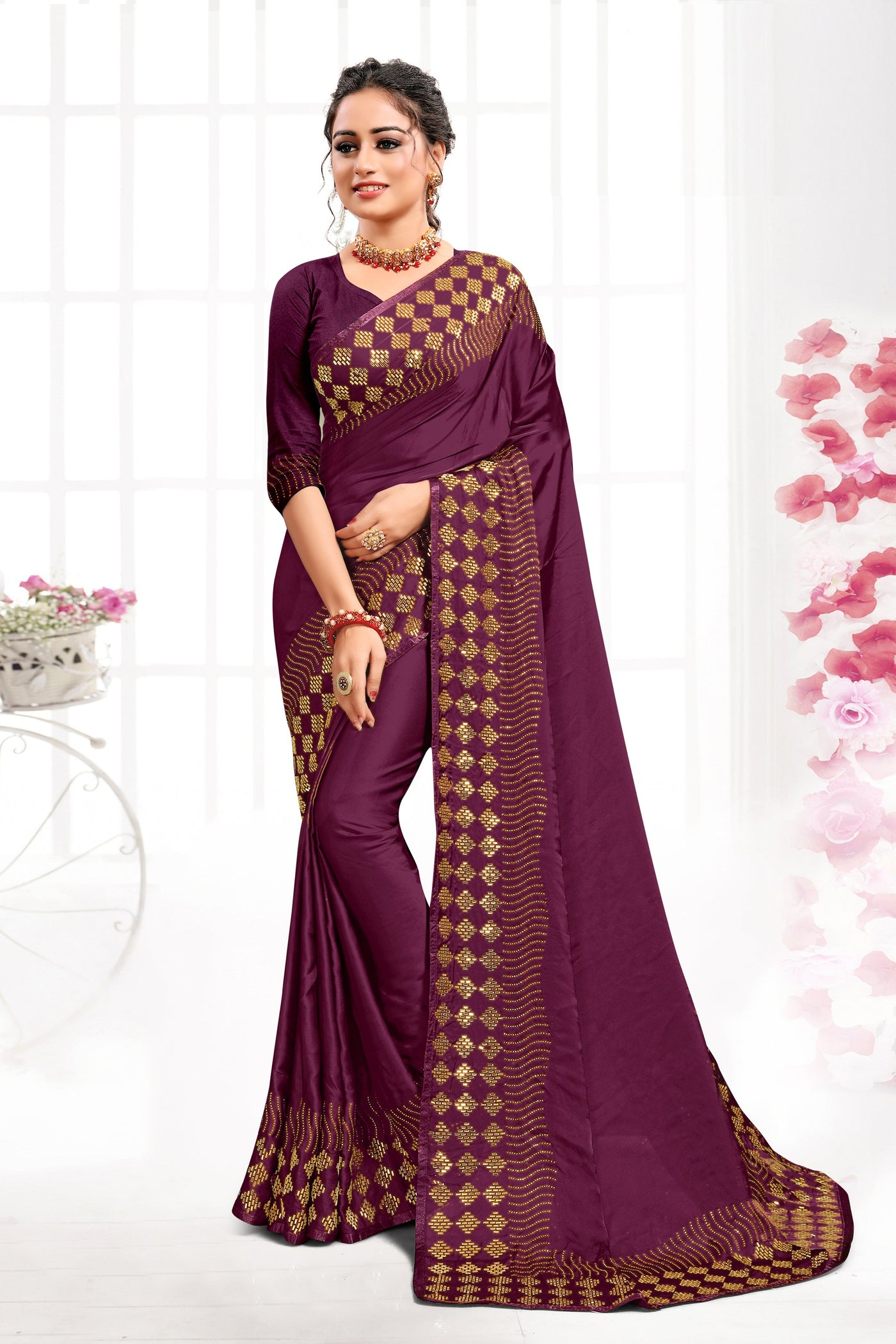 Wine Color Satin Stone Work Saree With Blouse