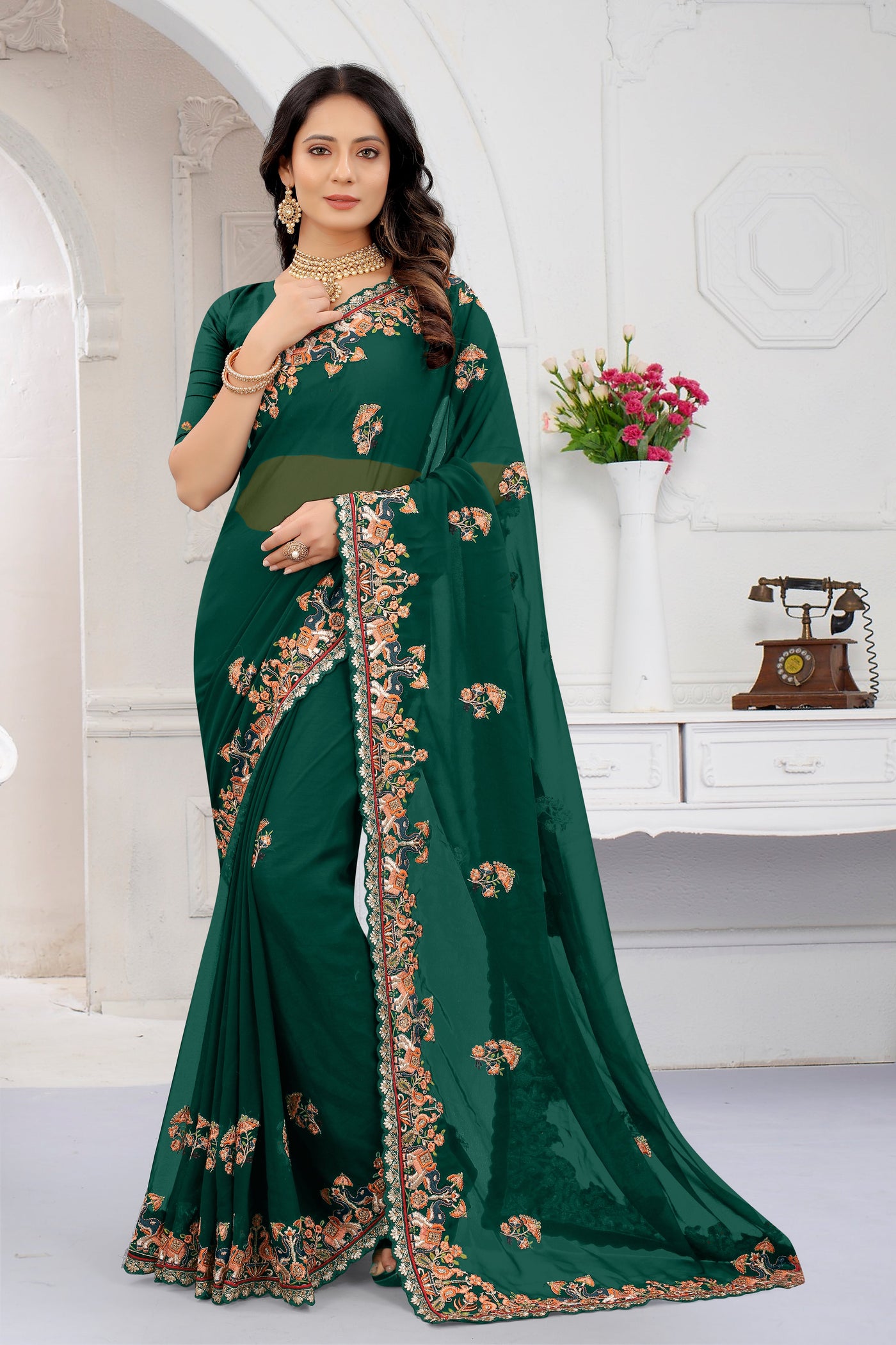 Rama Georgette Embroidered Saree With Blouse