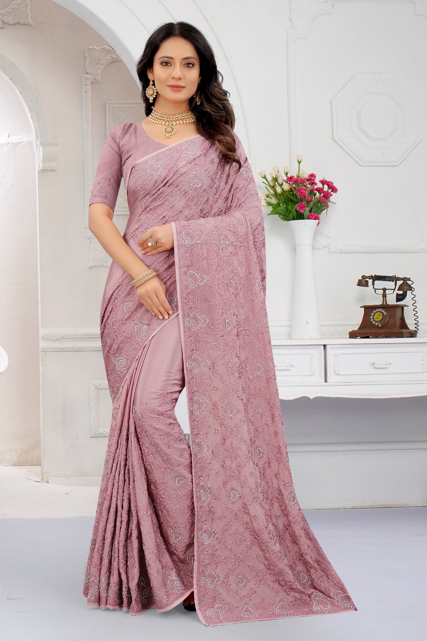Lavender Crepe Embroidered Saree With Blouse