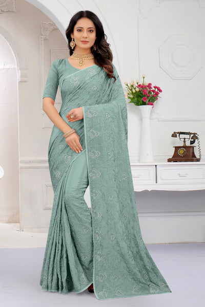 Sky Blue Crepe Embroidered Saree With Blouse