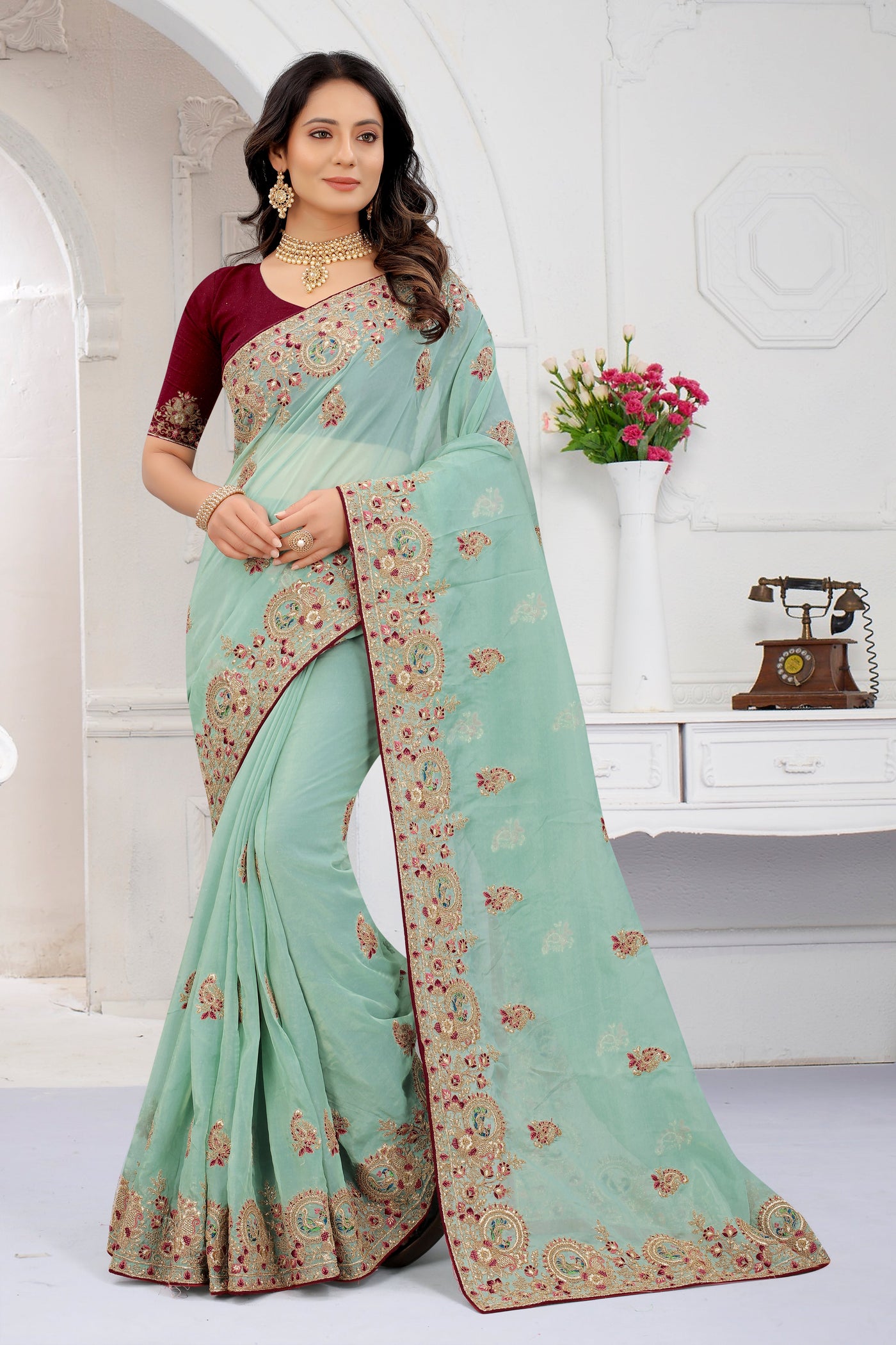 Sky Blue Organza Stone Work Saree With Blouse