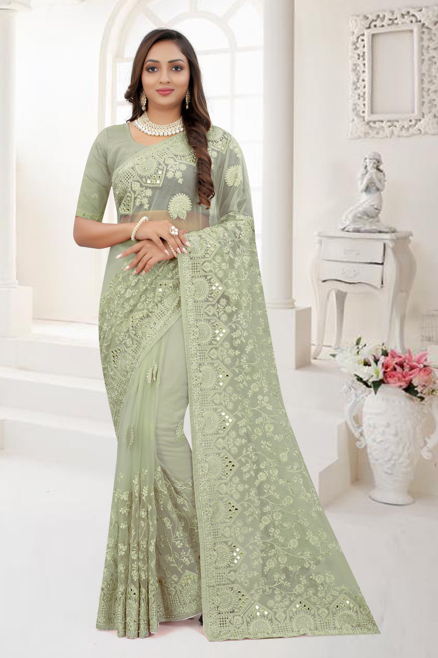 Pista Green Net Embroidered Saree With Blouse