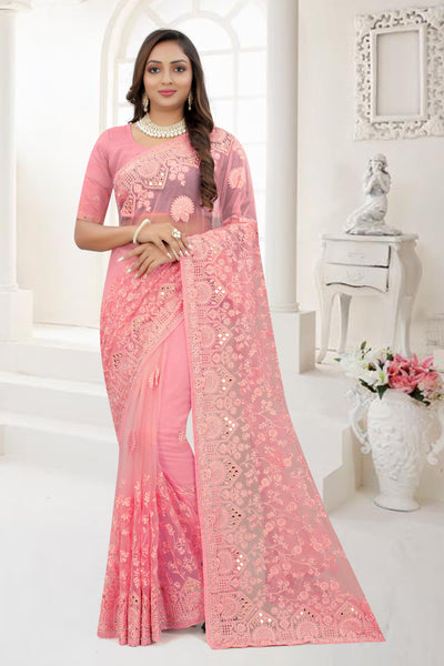 Pink Net Embroidered Saree With Blouse