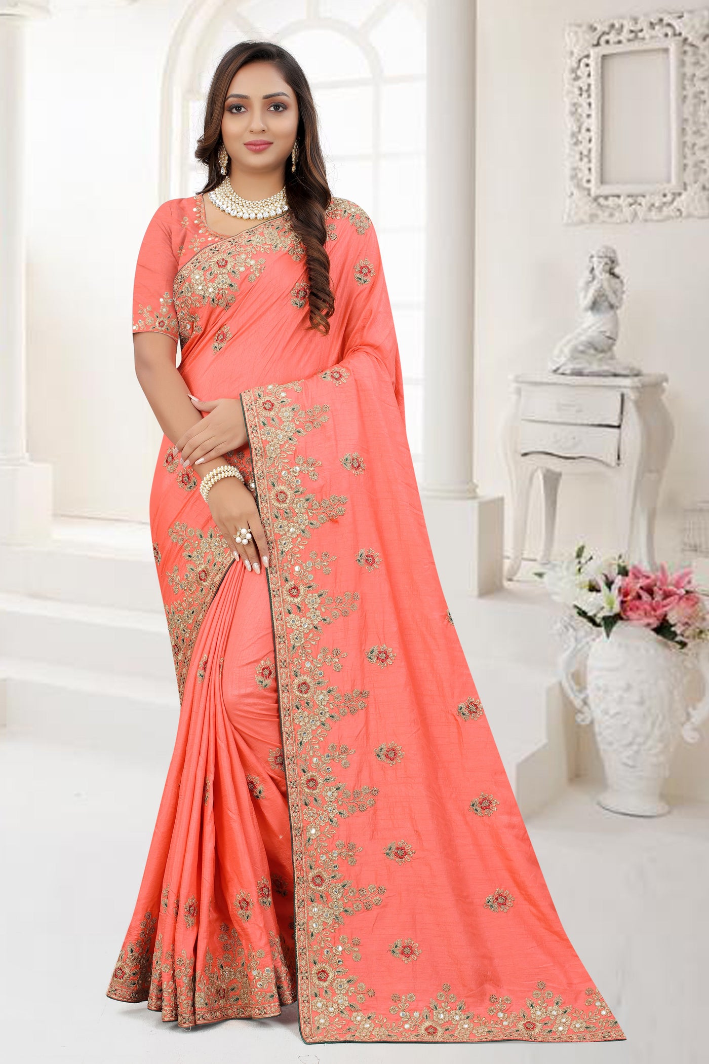 Peach Art Silk Embroidered Saree With Blouse