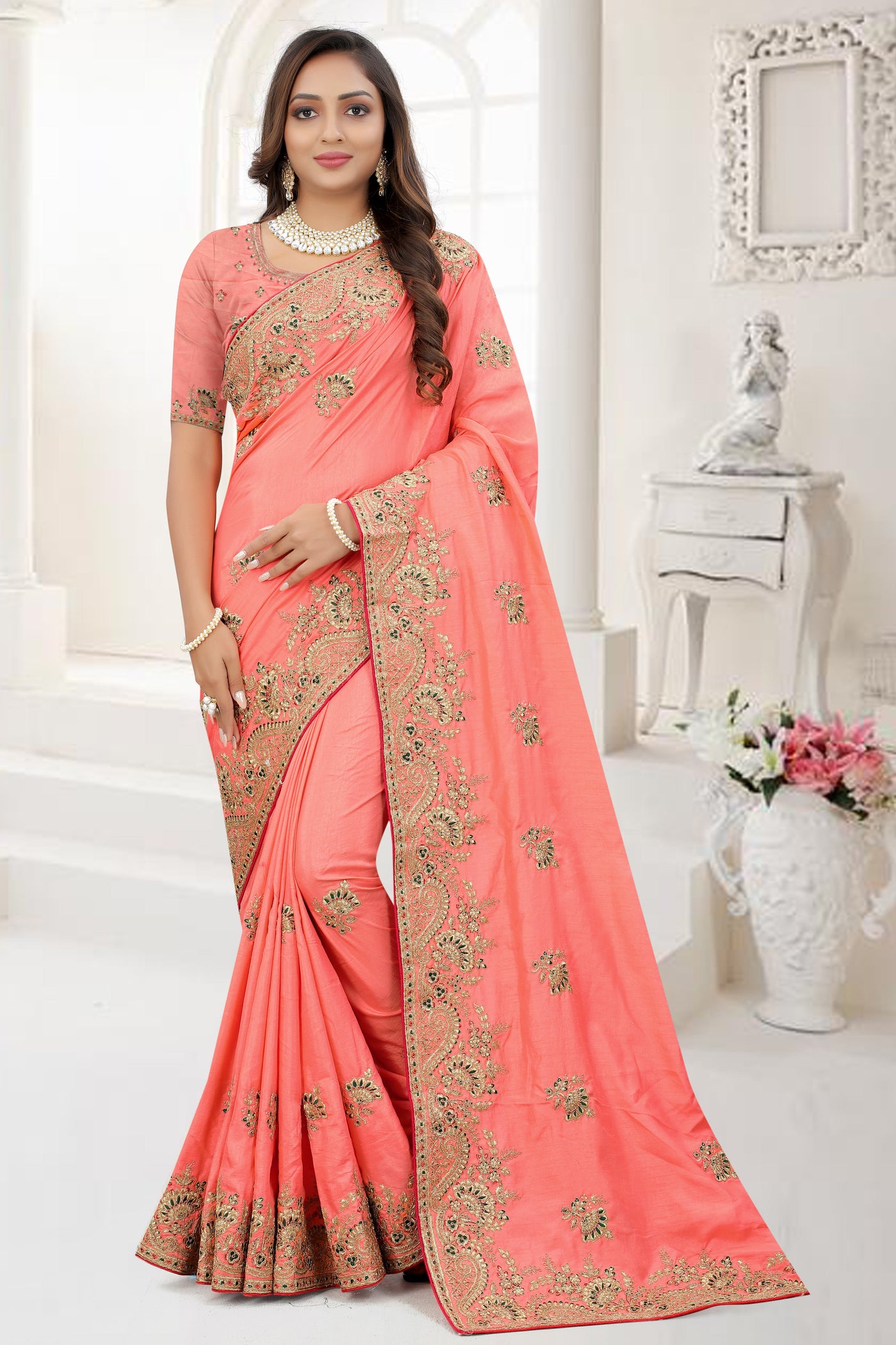 Peach Art Silk Embroidered Saree With Blouse