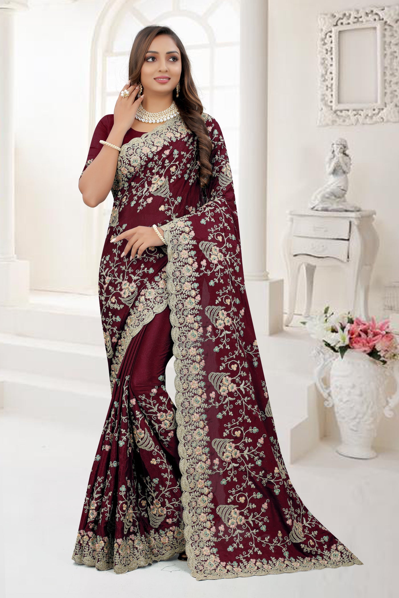 Maroon Chinon Embroidered Saree With Blouse