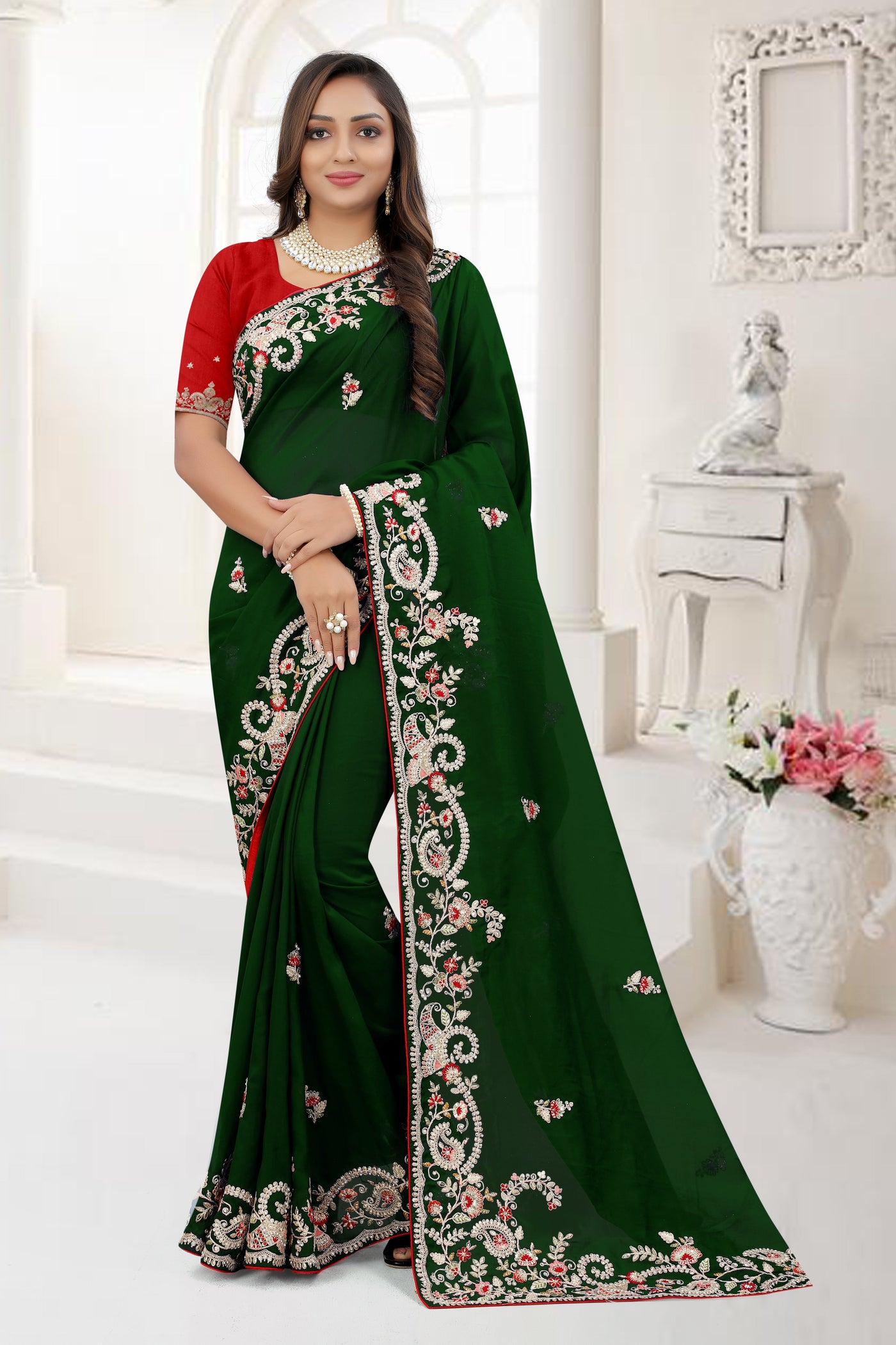 Green Organza Sequence Work Saree With Blouse
