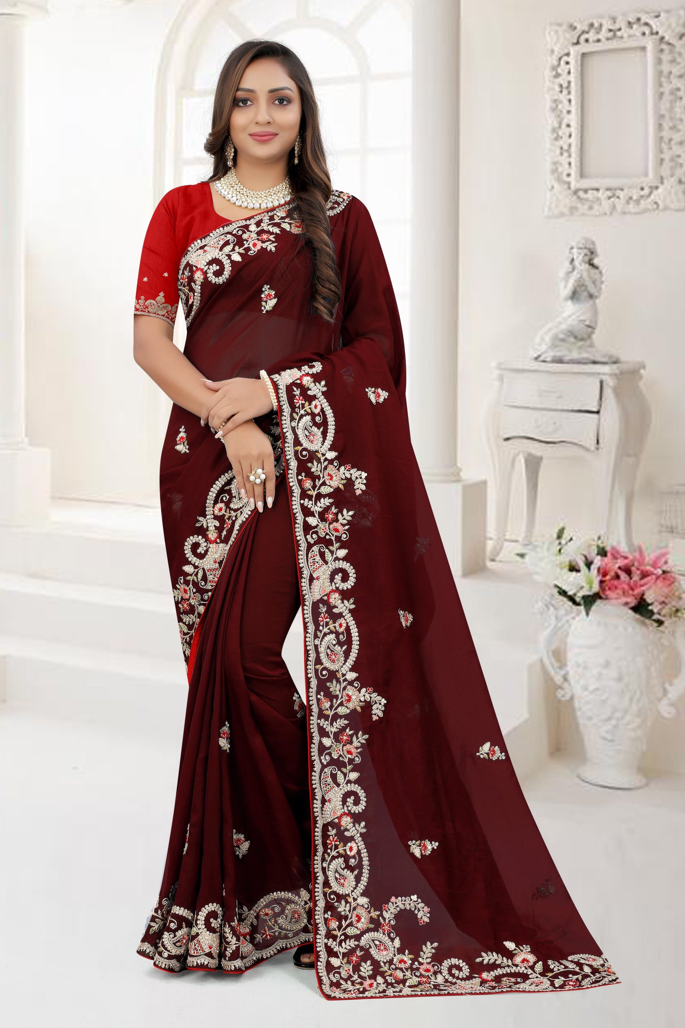 Maroon Organza Sequence Work Saree With Blouse
