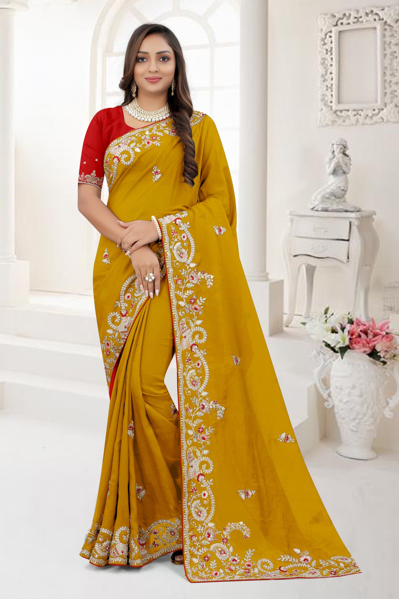 Mustard Organza Sequence Work Saree With Blouse