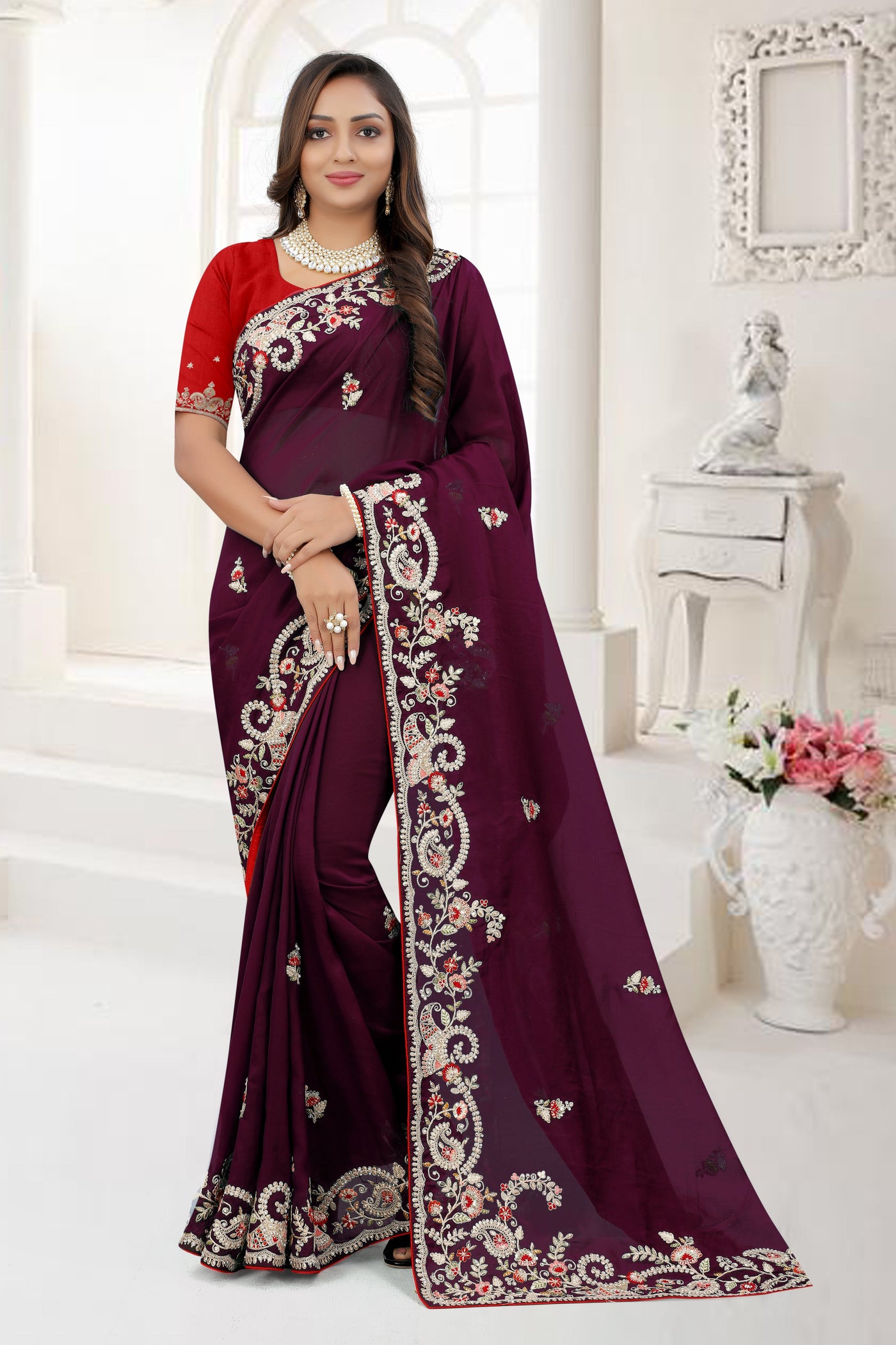 Wine Color Organza Sequence Work Saree With Blouse