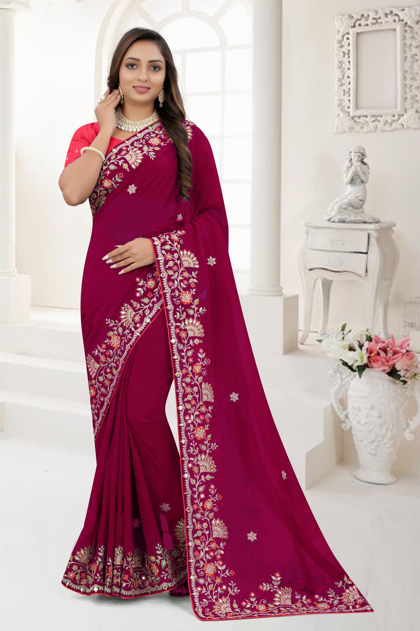 Maroon Organza Sequence Work Saree With Blouse