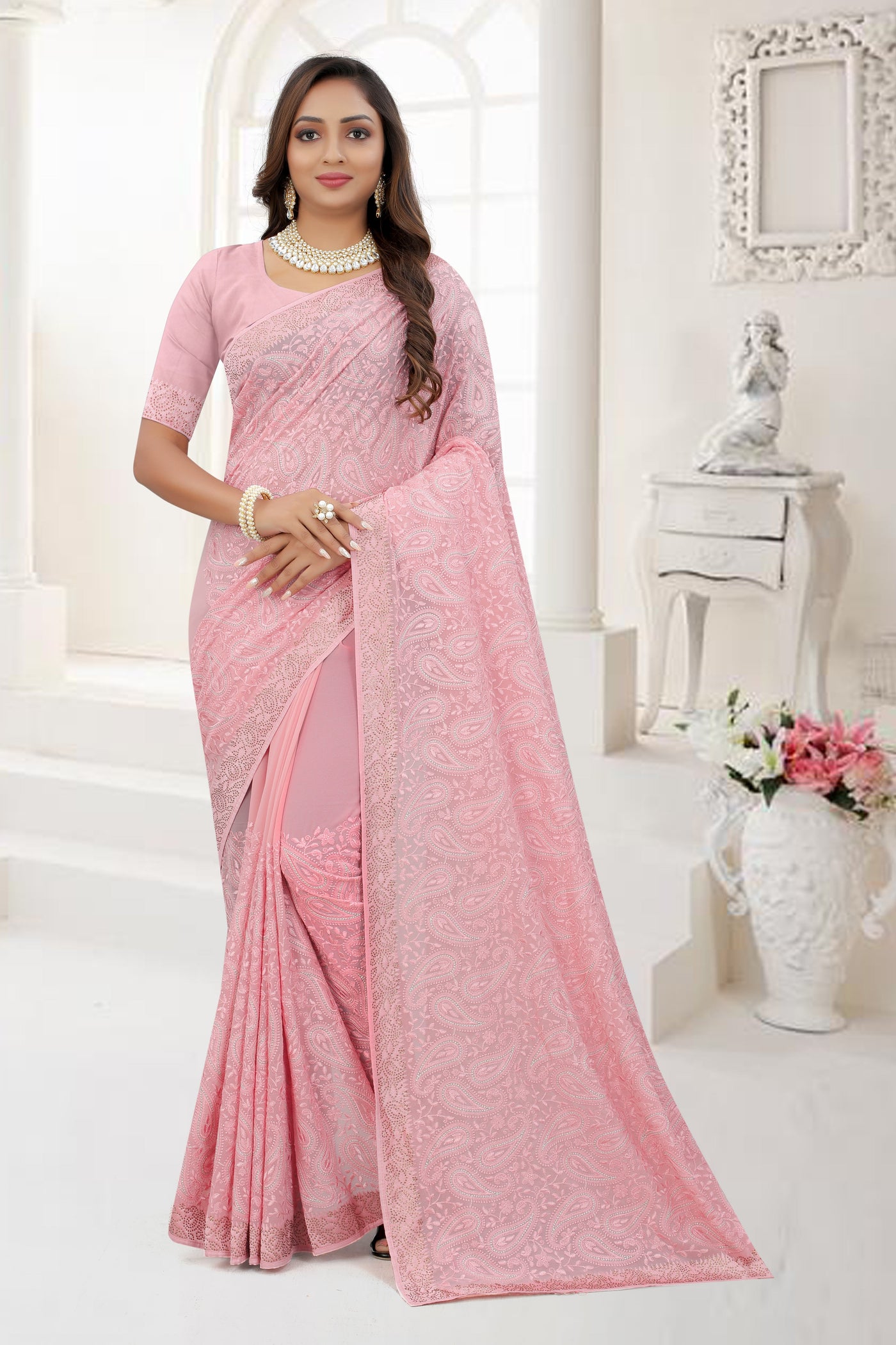 Pink Georgette Stone Work Saree With Blouse
