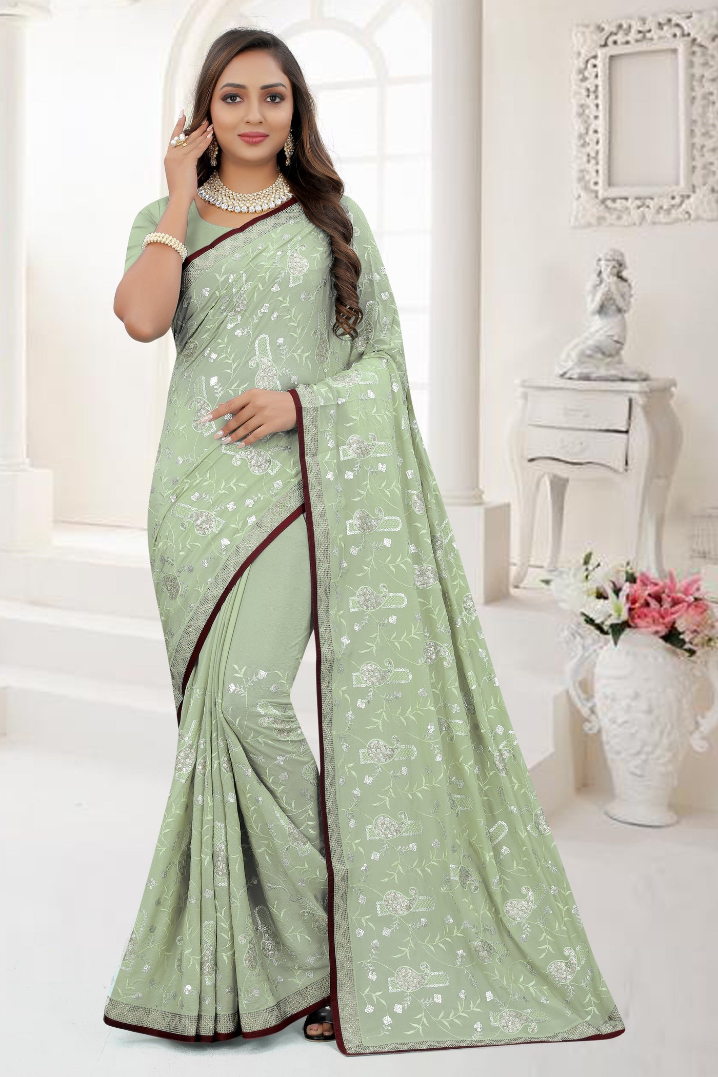 Pista Green Crepe Stone Work Saree With Blouse