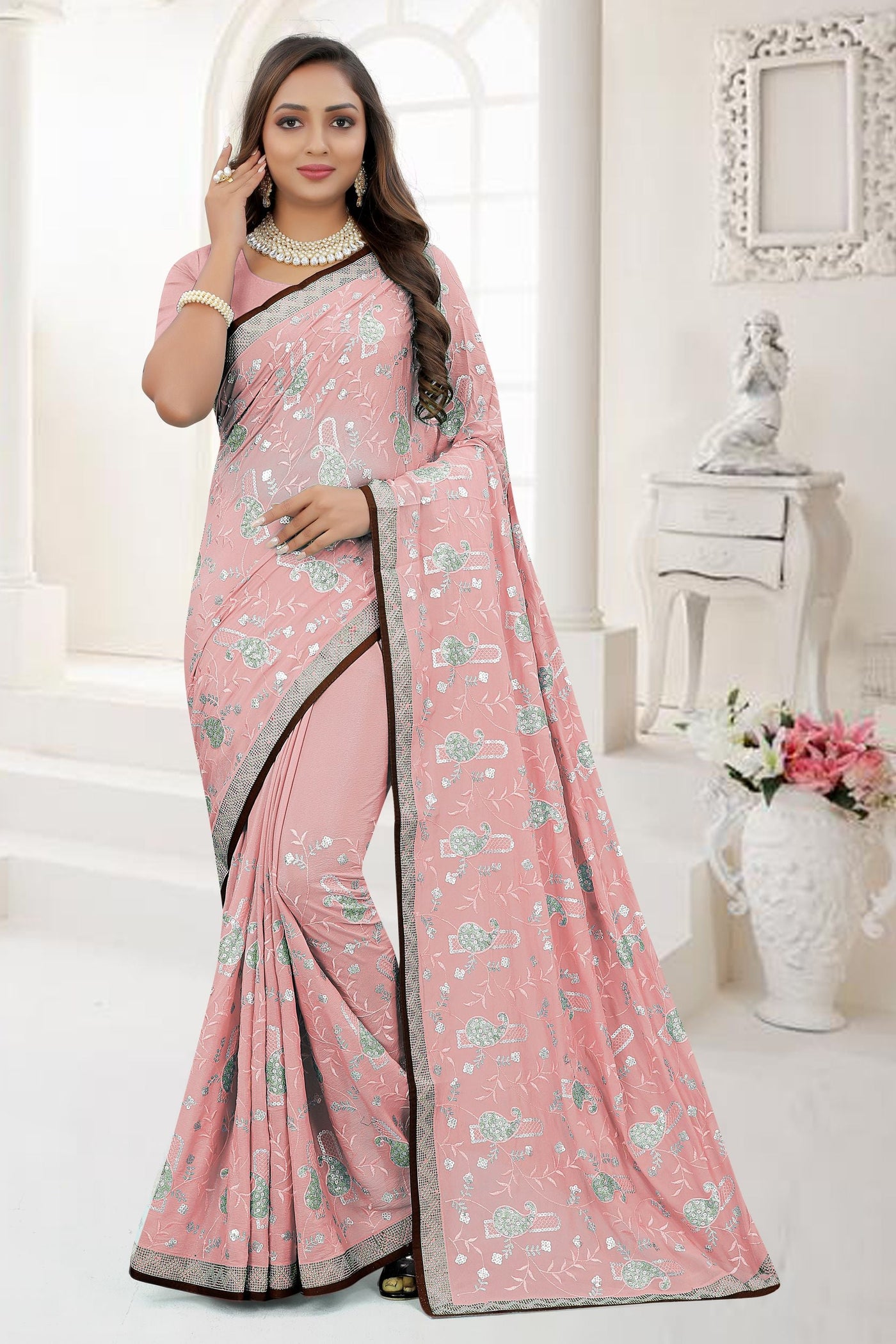 Pink Crepe Stone Work Saree With Blouse