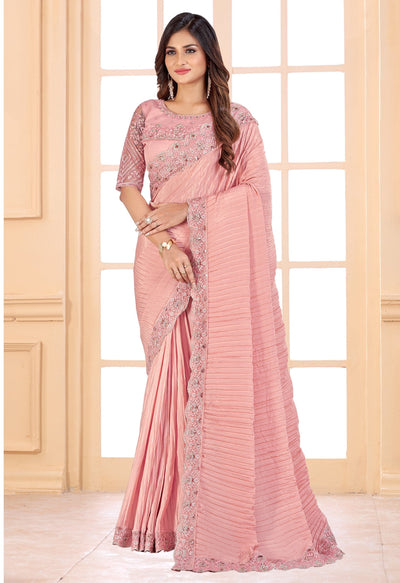 Peach Crepe Sequence Work Saree With Blouse