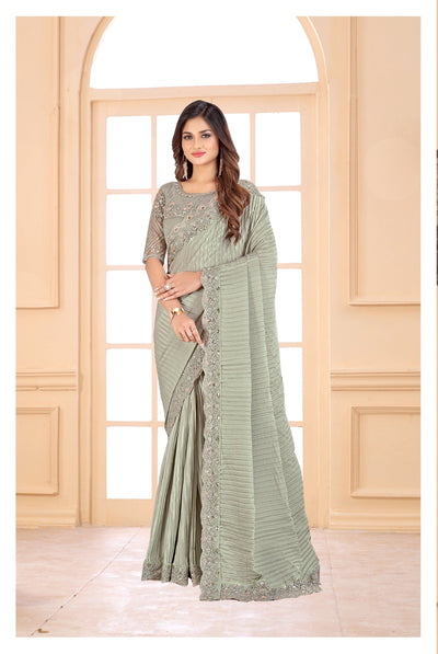 Pista Green Crepe Sequence Work Saree With Blouse