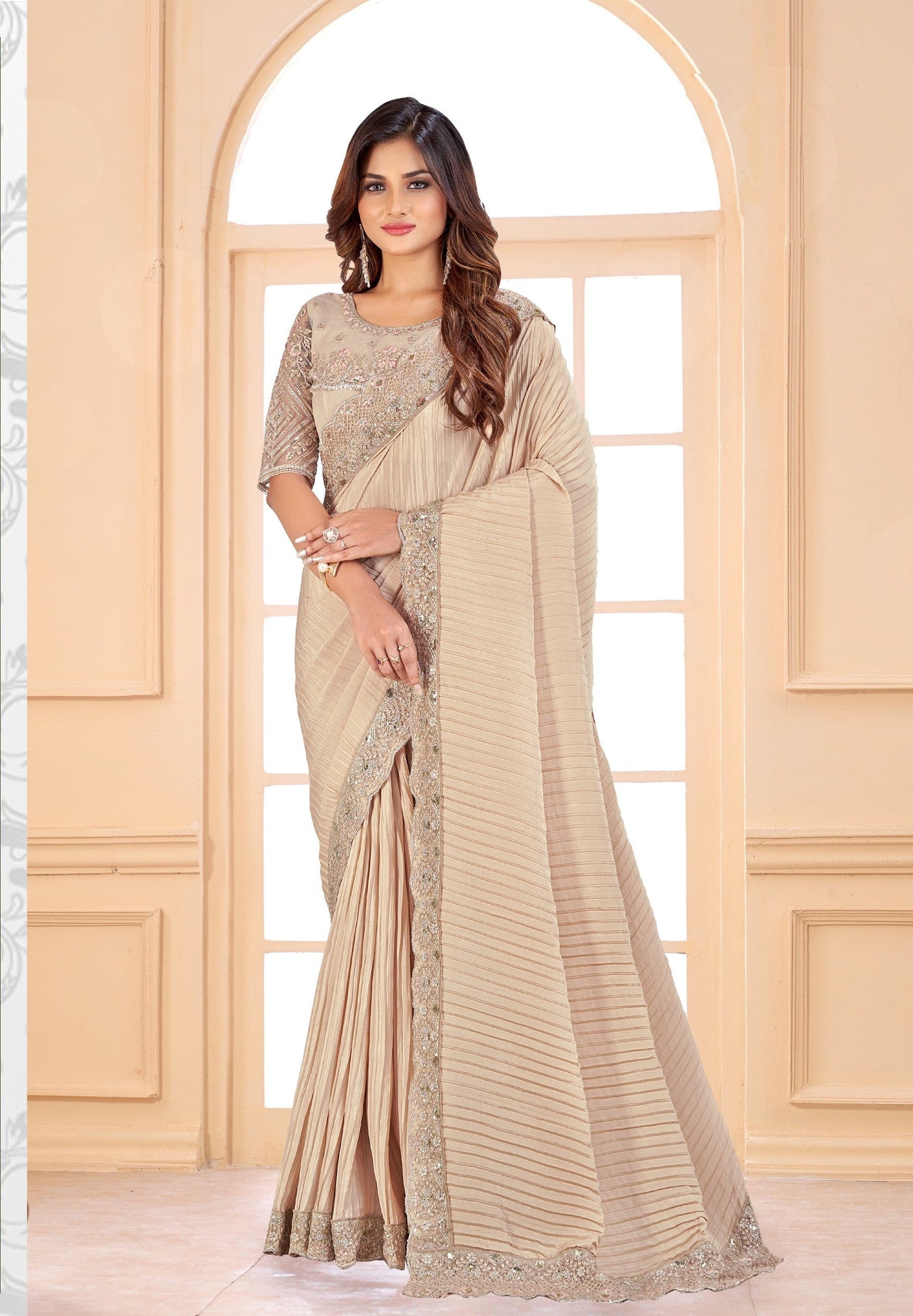 Beige Crepe Sequence Work Saree With Blouse