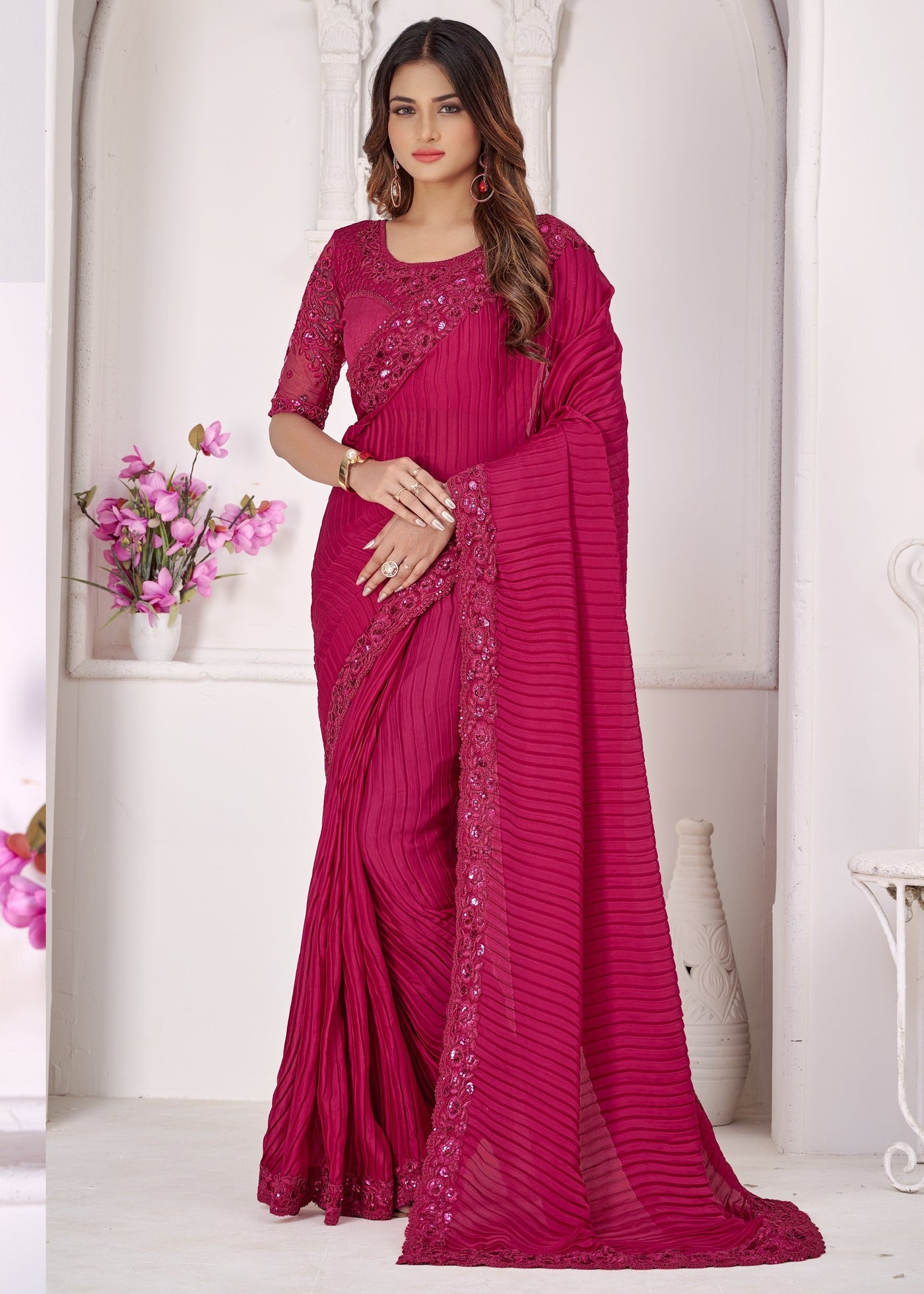 Magenta Georgette Sequence Work Saree With Blouse