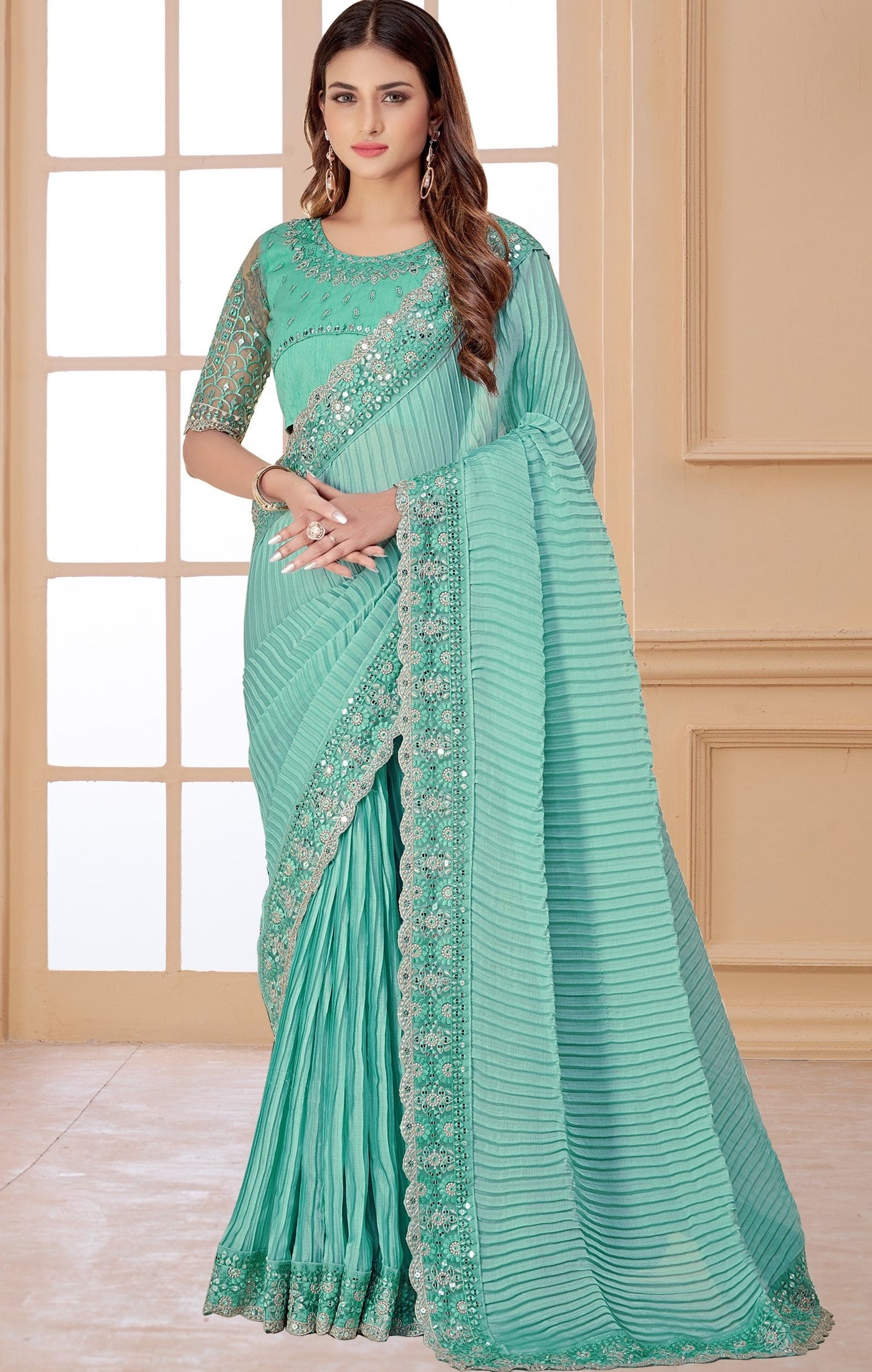 Sky Blue Chiffon Sequence Work Saree With Blouse