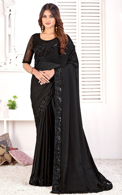 Black Jacquard Sequence Work Saree With Blouse