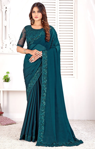 Blue Jacquard Sequence Work Saree With Blouse