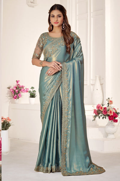 Sky Blue Satin Sequence Work Saree With Blouse