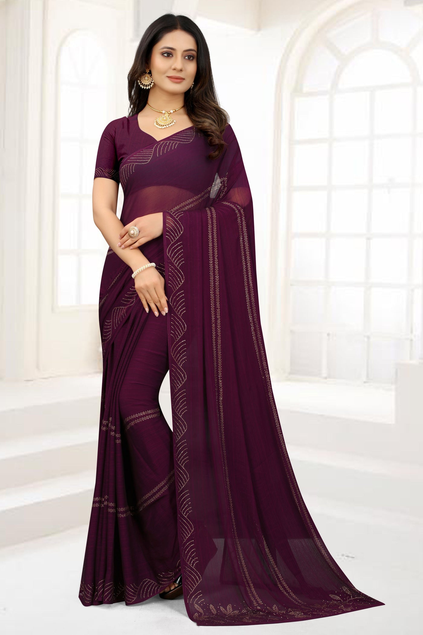 Wine Color Chiffon Stone Work Saree With Blouse