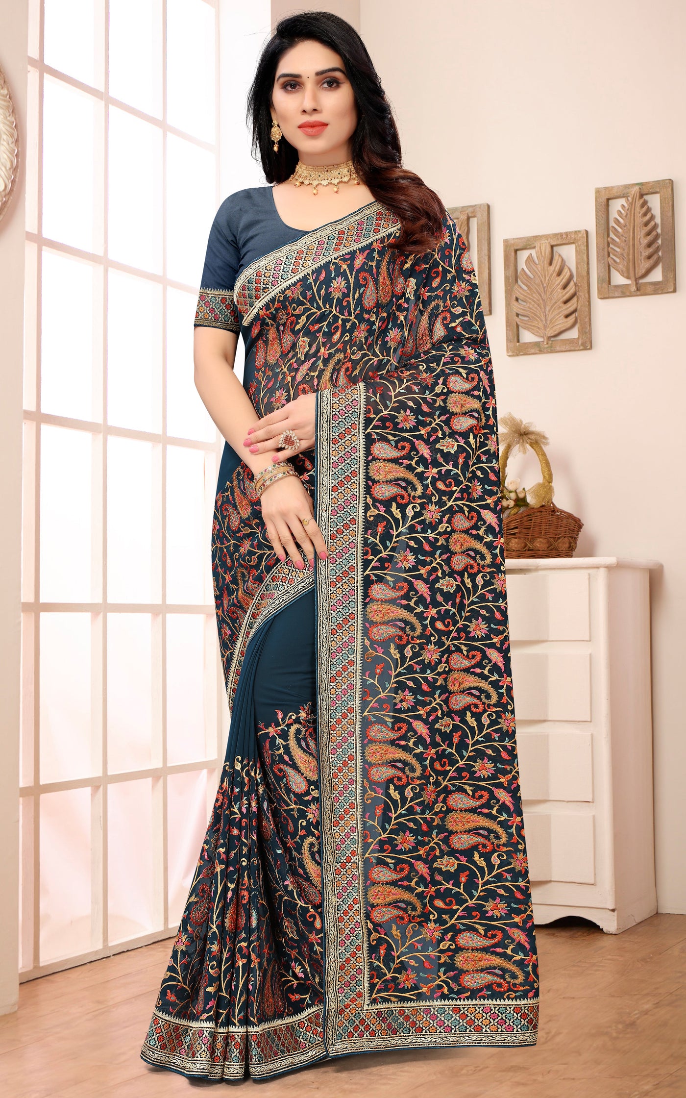 Blue Georgette Embroidered Saree With Blouse