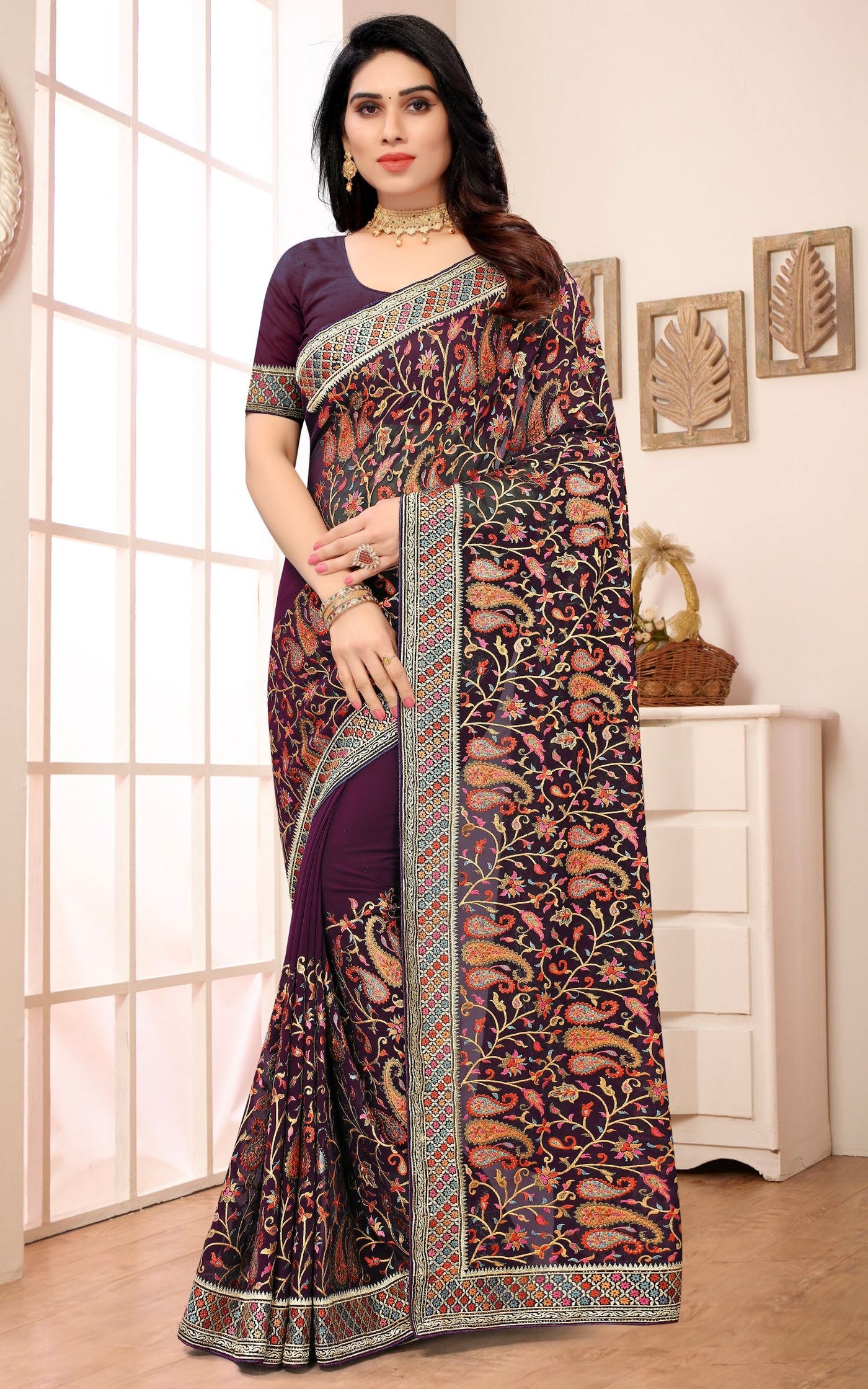 Wine Color Georgette Embroidered Saree With Blouse