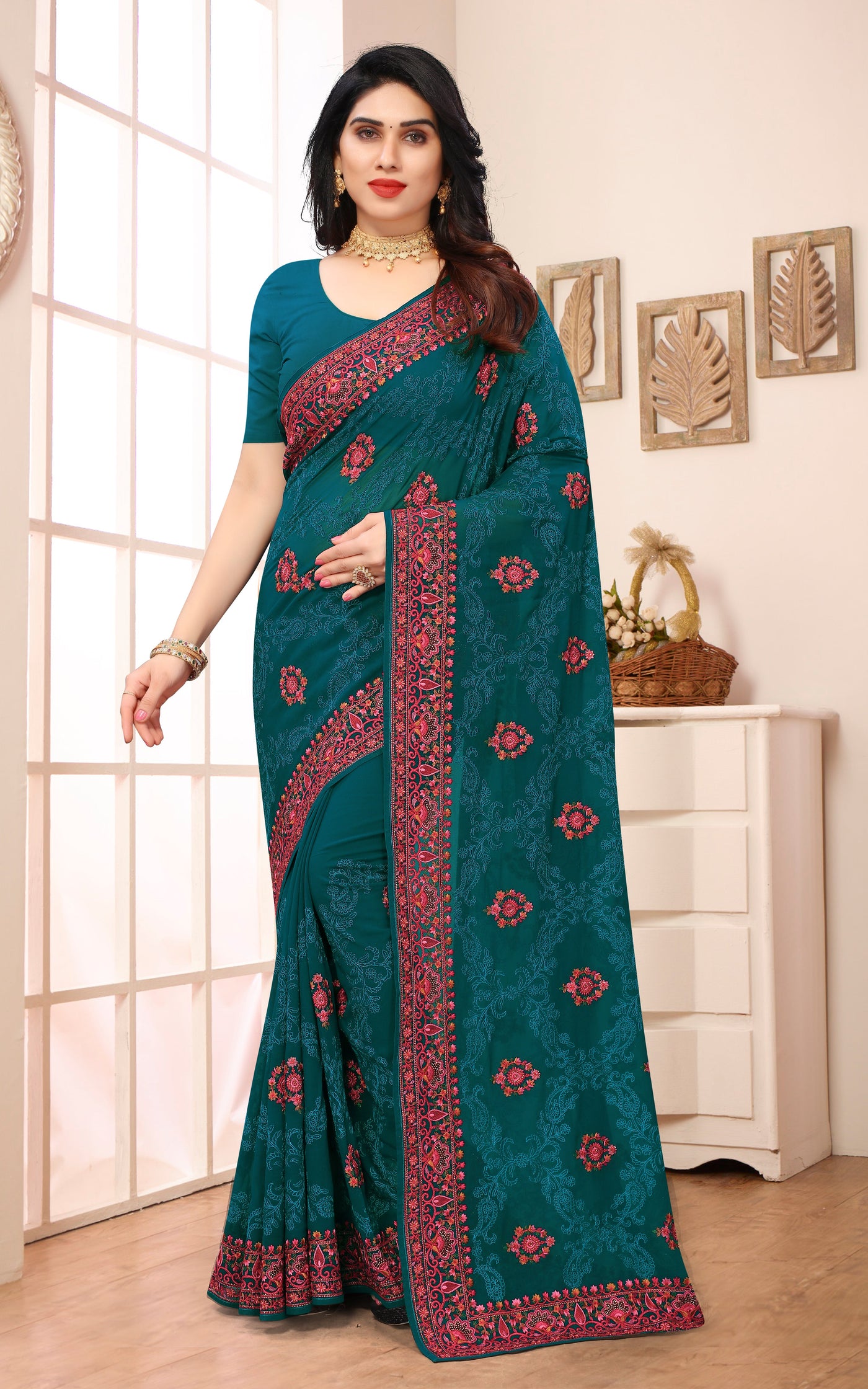 Rama Georgette Embroidered Saree With Blouse