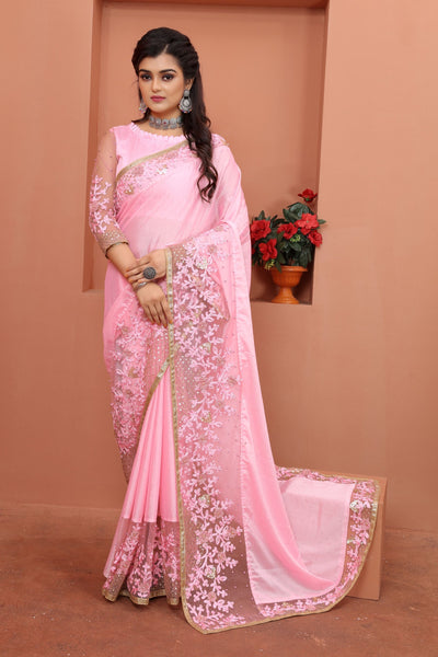 Pink  Art Silk Embroidered Saree With Blouse