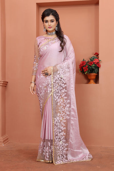Lavender Art Silk Embroidered Saree With Blouse