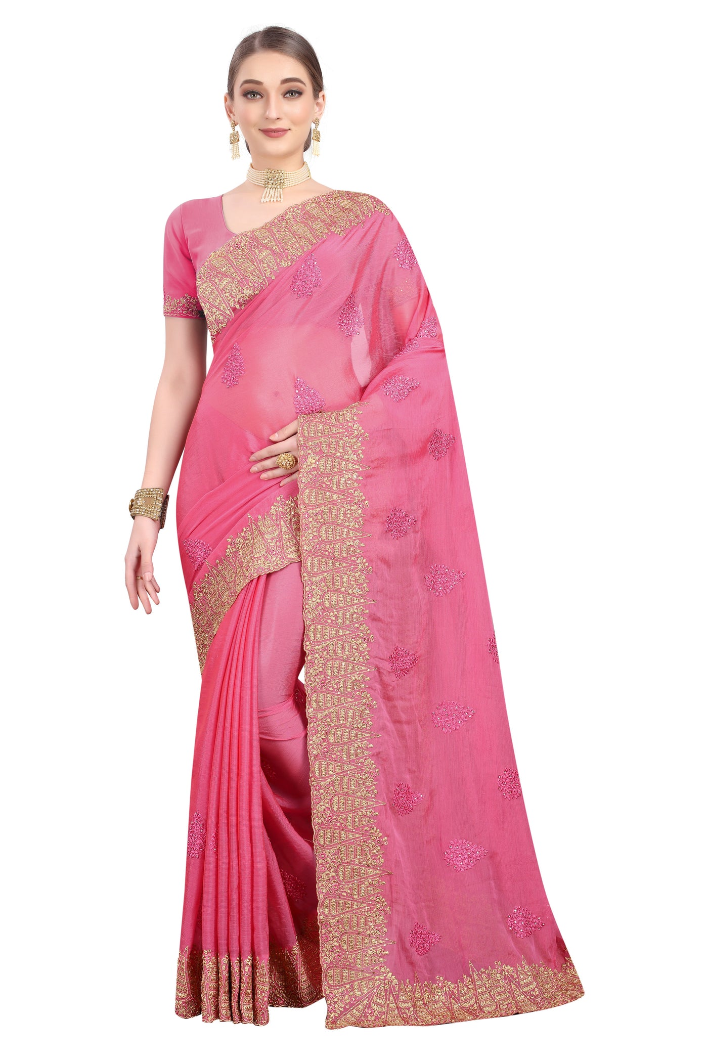 Chiffon Silk Pink Saree With Blouse