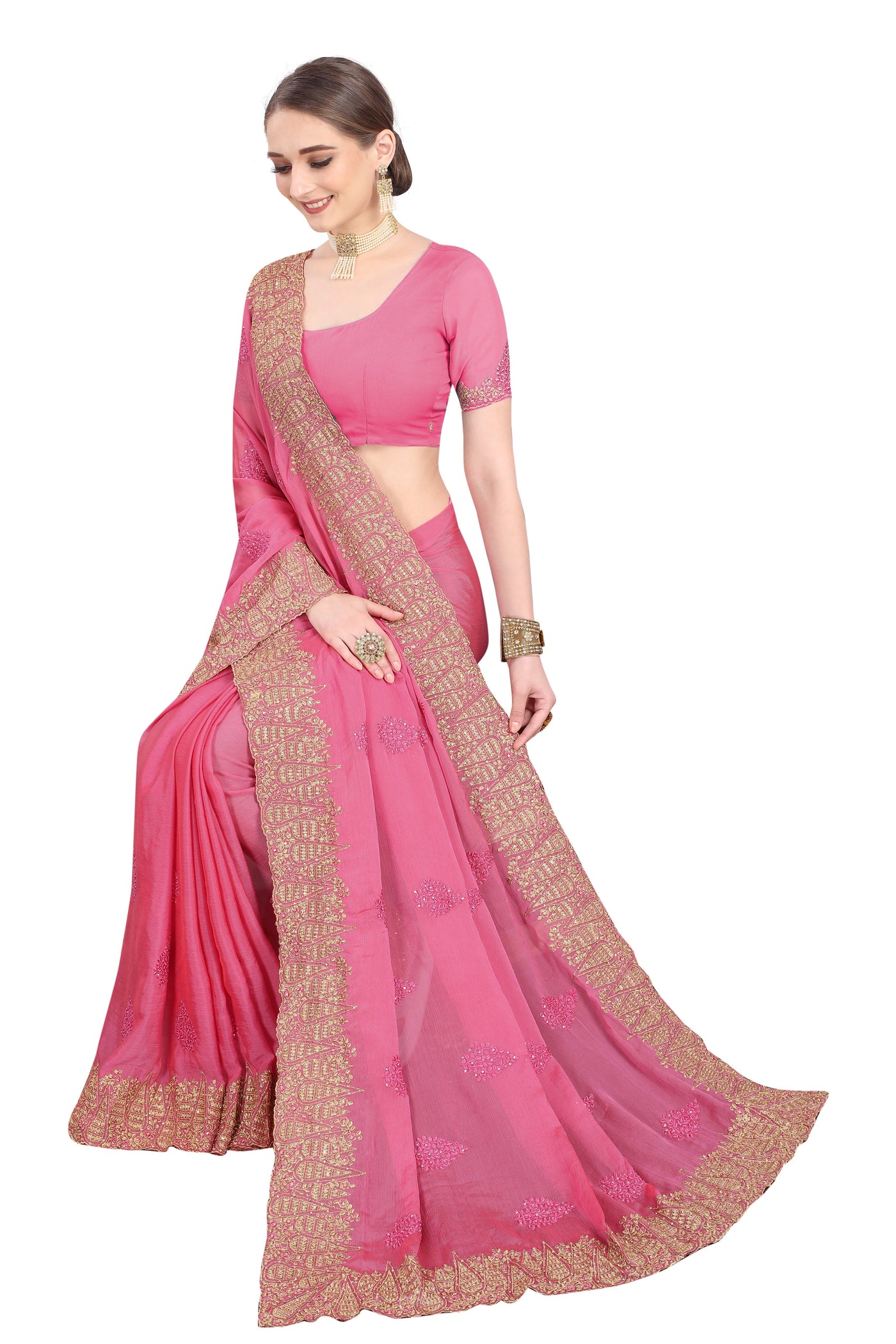 Chiffon Silk Pink Saree With Blouse