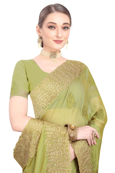 Chiffon Silk Green Saree With Blouse