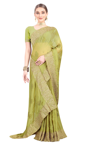 Chiffon Silk Green Saree With Blouse